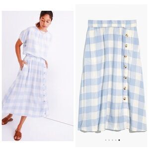 Madewell Linen-Blend Side-Button Midi Skirt in Gingham Check XXS